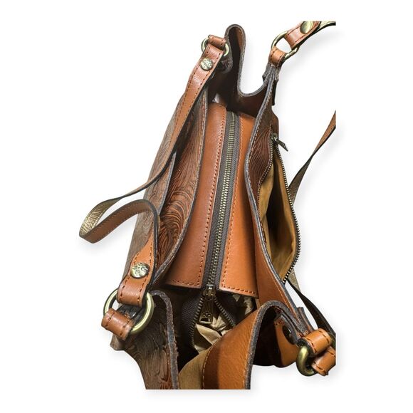 patricia nash tobacco fields Romina Leather Shoulder Bag Purse Tooled Tan Gold lock closure ensures theyre secure Patricia Nash Valpiana Woven Satchel
